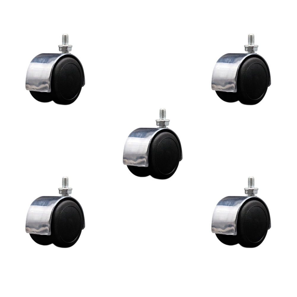 2 in. Floor Safe Office Chair Wheels Bright Chrome Metal Hooded Twin Wheel 0.31 in. 18 TPI x 0.5 in. Threaded Stems - Set of 5