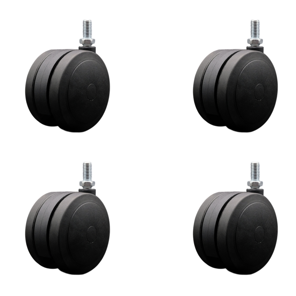 4 in. Extra Large Heavy Duty Floor Safe Office Chair Wheels Black Non-Marking Twin Wheels 0.5 in. - 13 TPI x 1 in. Threaded Stems - Set of 4