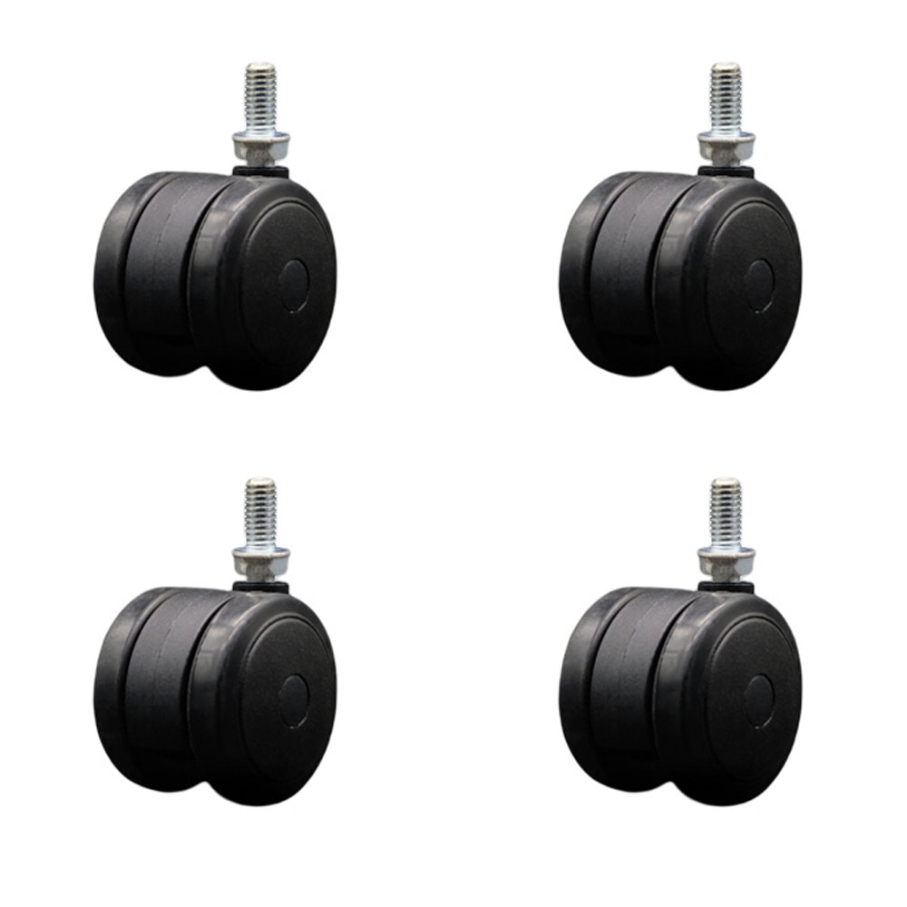 2 in. Floor Safe Office Chair Wheels Black Non-Marking Thermoplastic Rubber Twin Wheels 0.38 in. - 16 TPI x 0.75 in. Threaded Stems - Set of 4