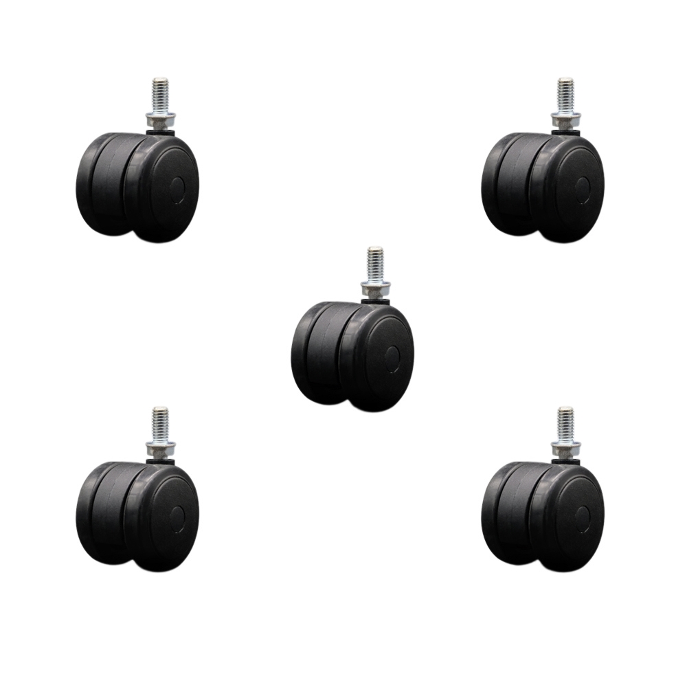 2 in. Floor Safe Office Chair Wheels Black Non-Marking Thermoplastic Rubber Twin Wheels 0.38 in. - 16 TPI x 0.75 in. Threaded Stems - Set of 5