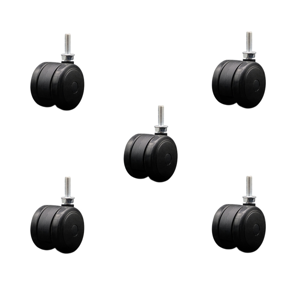 2 in. Floor Safe Office Chair Wheels Black Non-Marking Thermoplastic Rubber Twin Wheels 0.31 in. - 18 TPI x 1 in. Threaded Stems - Set of 5