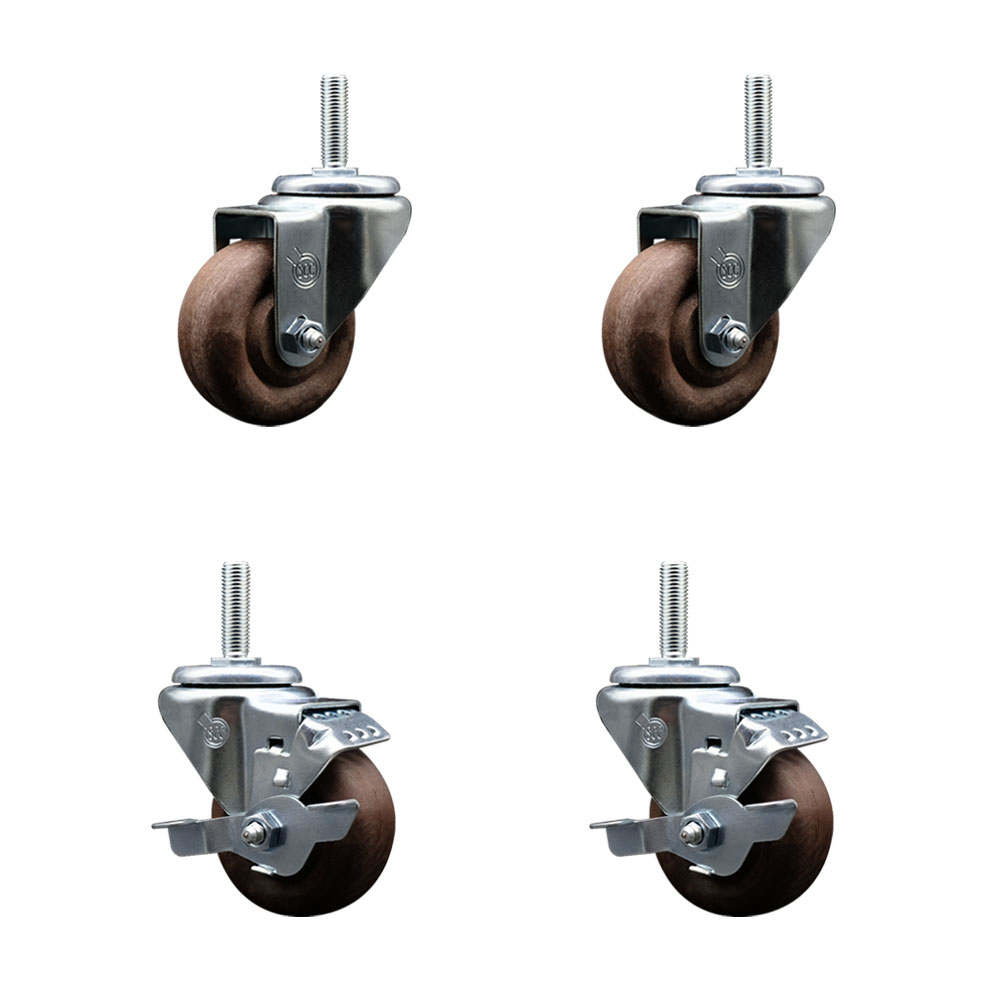 High Temperature Glass Filled Nylon Swivel Threaded Stem Caster with 3 x 1.25 in. Brown Wheels & 0.75 in. Stems - Set of 4