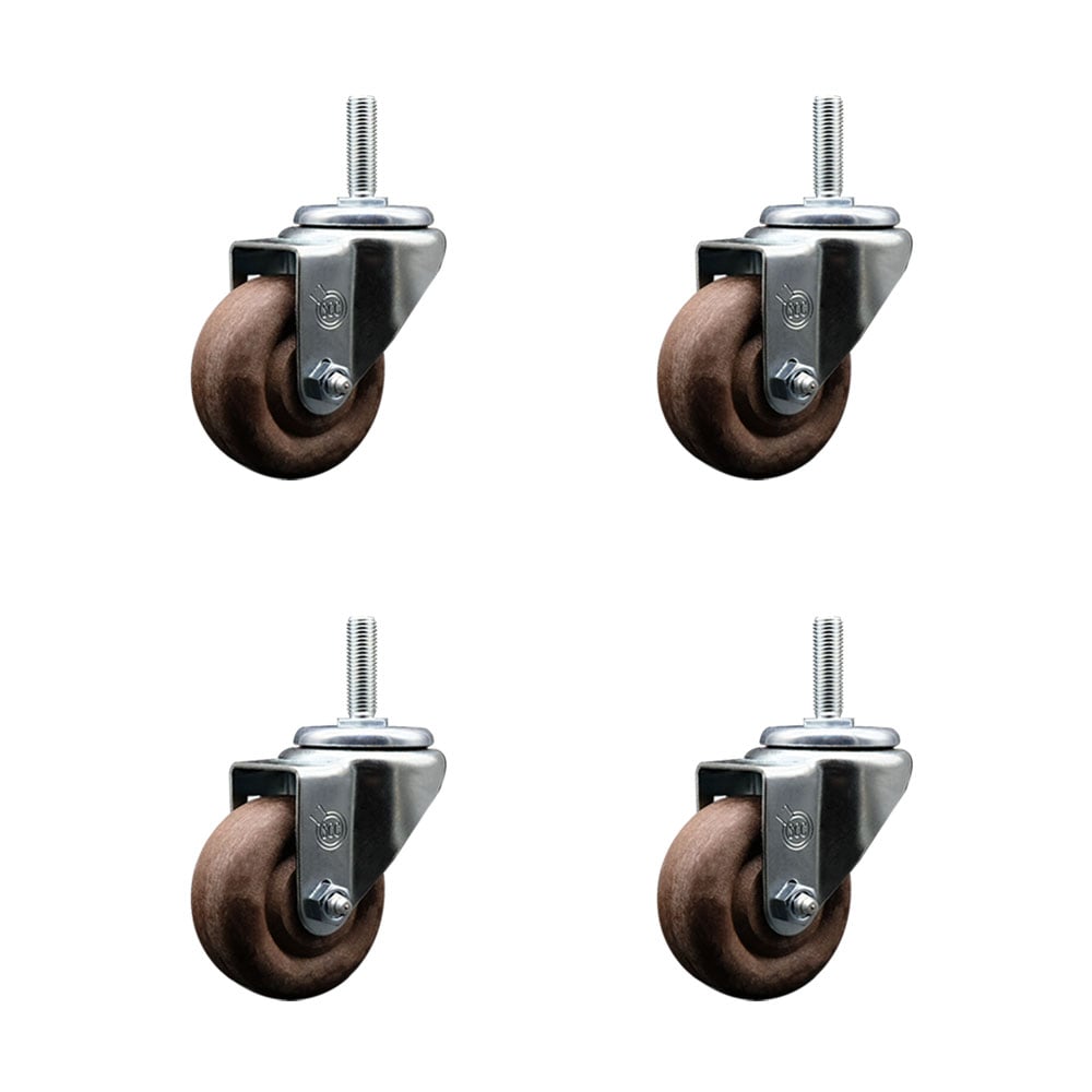 High Temperature Glass Filled Nylon Swivel Threaded Stem Caster with 3 x 1.25 in. Brown Wheels & 0.63 in. Stems - Set of 4