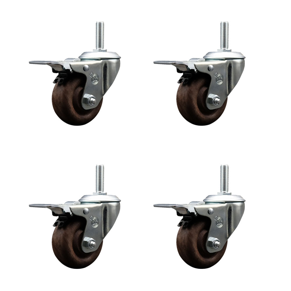 High Temperature Glass Filled Nylon Swivel Threaded Stem Caster with 3 x 1.25 in. Brown Wheels & 0.63 in. Stems - Set of 4