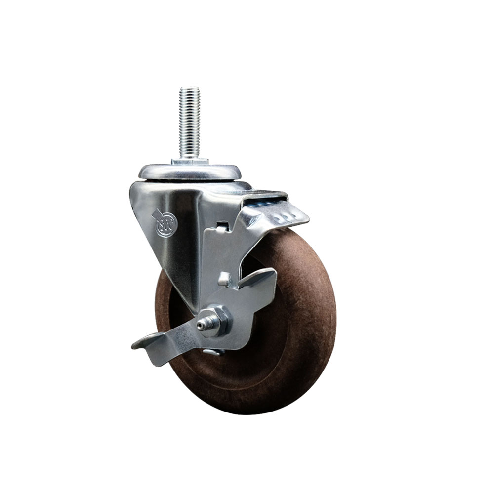 High Temperature Glass Filled Nylon Swivel Threaded Stem Caster with 4 x 1.25 in. Brown Wheel & 0.63 in. Stem & Top Locking Brake