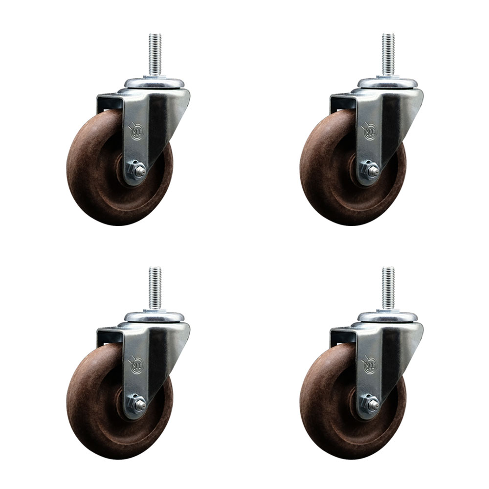 High Temperature Glass Filled Nylon Swivel Threaded Stem Caster with 4 x 1.25 in. Brown Wheels & 0.63 in. Stems - Set of 4