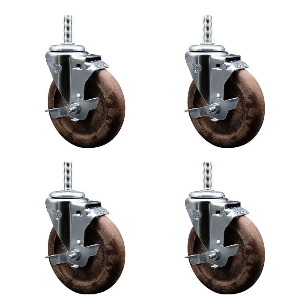 High Temperature Glass Filled Nylon Swivel Threaded Stem Caster with 5 x 1.25 in. Brown Wheels & 0.63 in. Stems - Set of 4