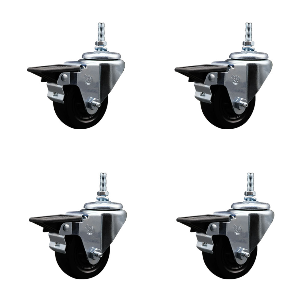SCC-TS20S314-HRS-PLB-381615-4 Hard Rubber Swivel Threaded Stem Caster with 3 x 1.25 in. Black Wheels & 0.38 in. Stems - Set of 4