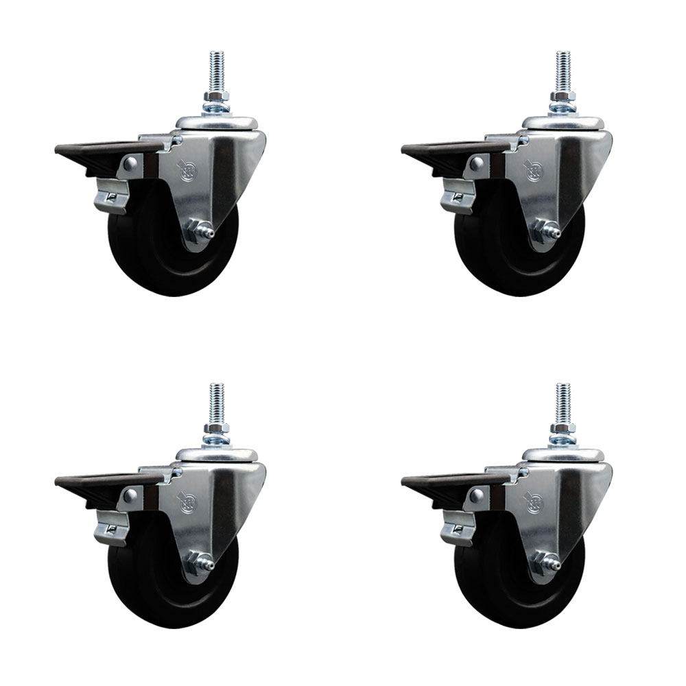 SCC-TS20S3514-HRS-PLB-381615-4 Hard Rubber Swivel Threaded Stem Caster with 3.5 x 1.25 in. Black Wheels & 0.38 in. Stems - Set of 4