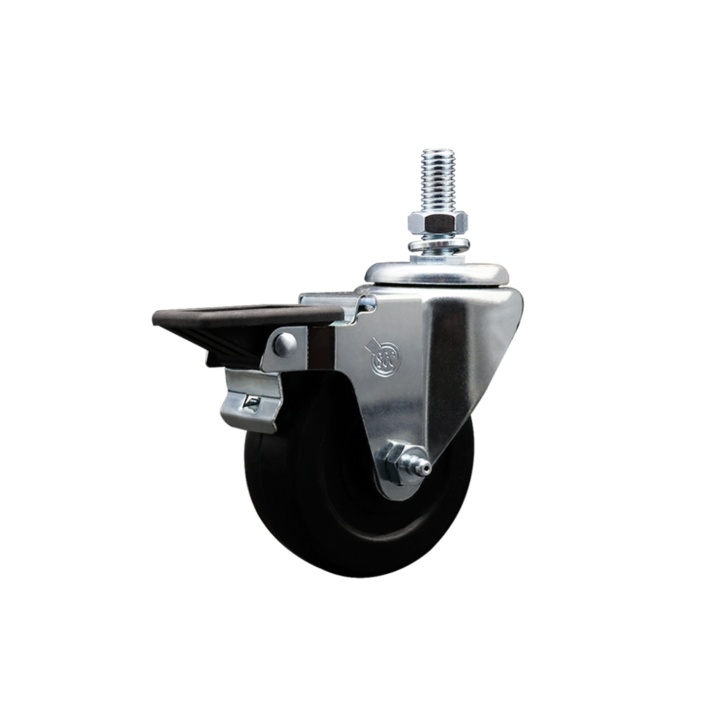SCC-TS20S3514-HRS-PLB-M1015 Hard Rubber Swivel Threaded Stem Caster with 3.5 x 1.25 in. Black Wheel & 10 mm Stem & Posi Locking Brake