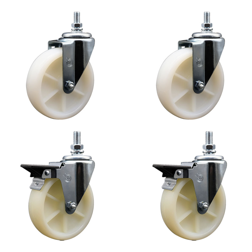 SCC-TS20S514-NYS-121315-2-PLB-2 Nylon Swivel Threaded Stem Caster with 5 x 1.25 in. White Wheels & 0.5 in. Stems - Set of 4