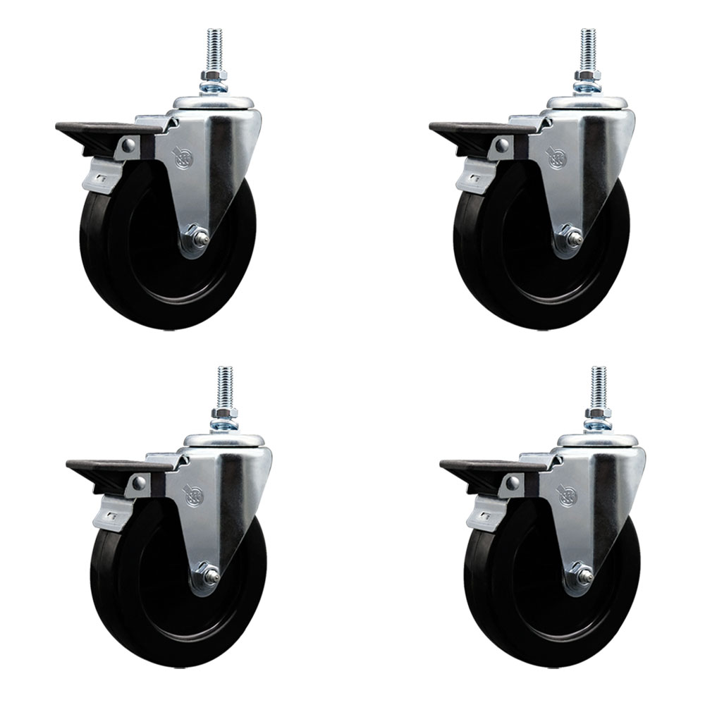 SCC-TS20S514-HRS-PLB-M1215-4 Hard Rubber Swivel Threaded Stem Caster with 5 x 1.25 in. Black Wheels & 12 mm Stems - Set of 4