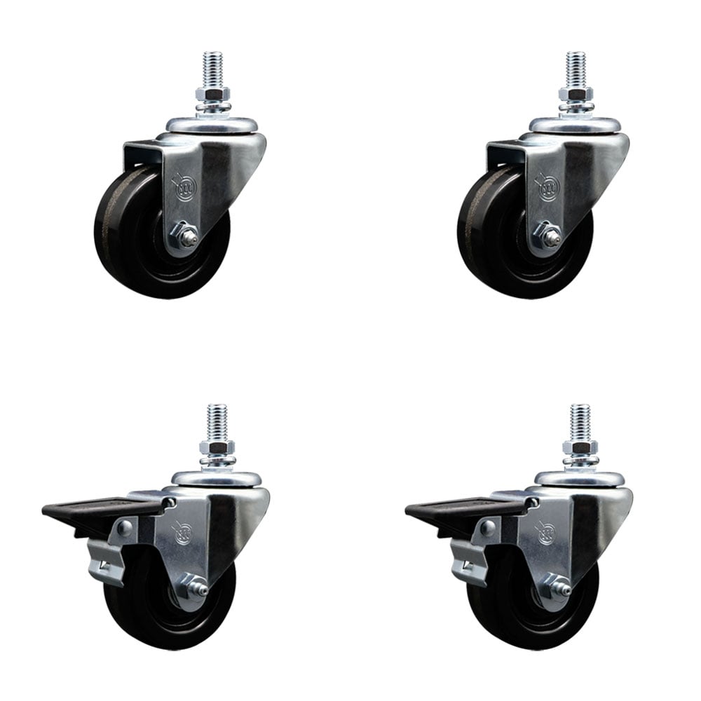 SCC-TS20S314-PHR-M1015-2-PLB-2 Phenolic Swivel Threaded Stem Caster with 3 x 1.25 in. Black Wheels & 10 mm Stems - Set of 4