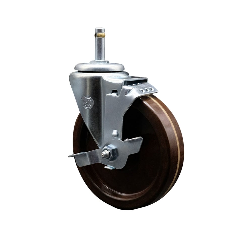 High Temperature Phenolic Swivel Grip Ring Stem Caster with Roller Bearing 5 x 1.25 in. Brown Wheel & 0.43 in. Stem & Top Locking Brake