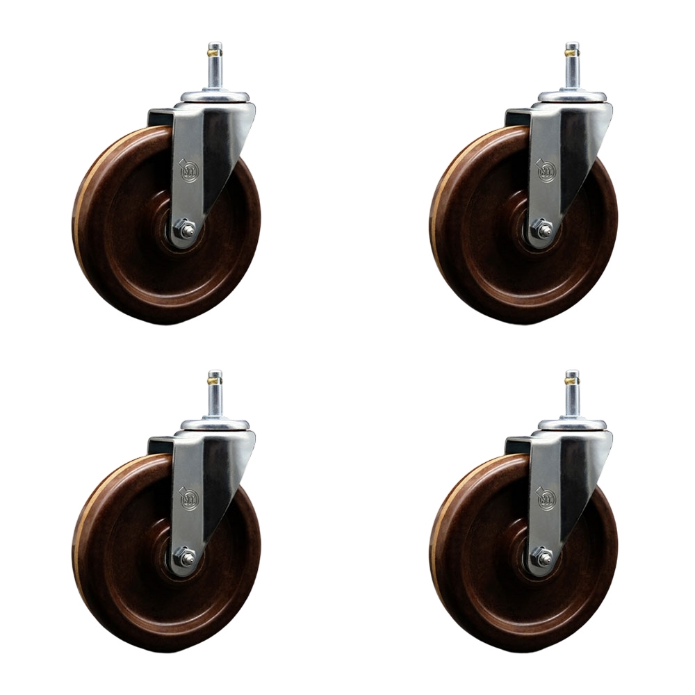 High Temperature Phenolic Swivel Grip Ring Stem Caster with Roller Bearing with 6 x 1.5 in. Brown Wheels & 0.43 in. Stems - Set of 4