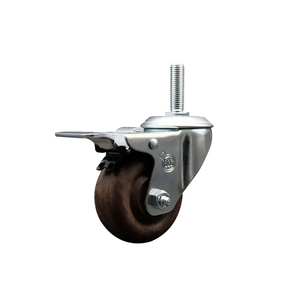 High Temperature Glass Filled Nylon Swivel Threaded Stem Caster with 3 x 1.25 in. Brown Wheel & 0.75 in. Stem & Total Locking Brake