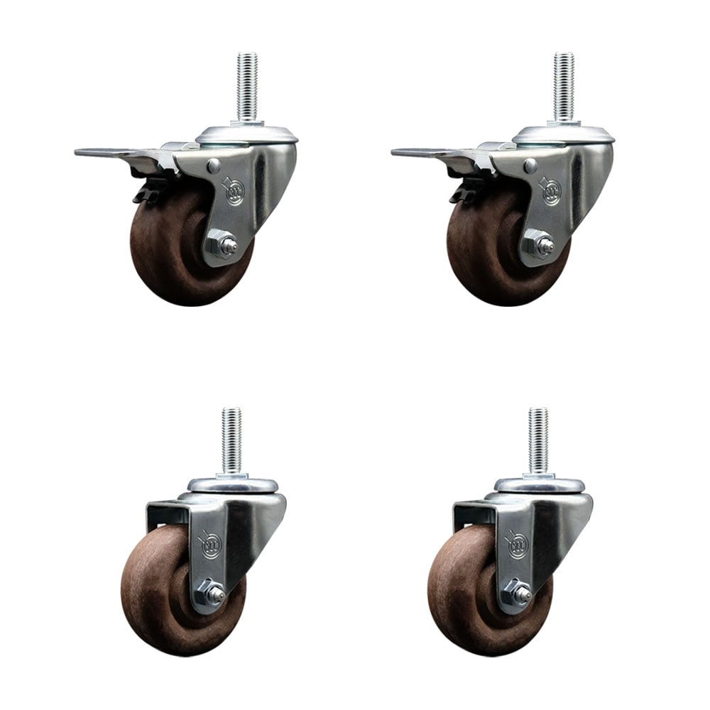 High Temperature Glass Filled Nylon Swivel Threaded Stem Caster with 3 x 1.25 in. Brown Wheels & 0.75 in. Stems - Set of 4