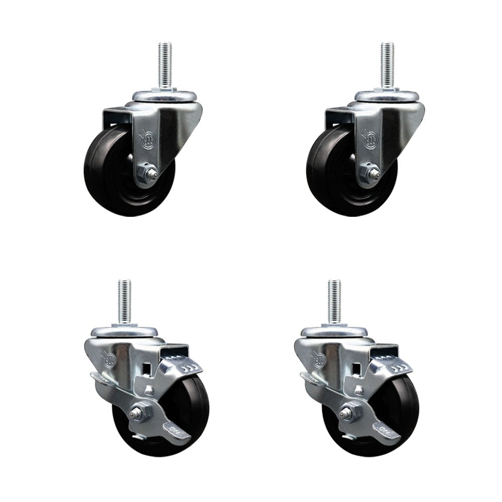 SCC-TS20S314-HRS-34212-2-TLB-2 Hard Rubber Swivel Threaded Stem Caster with 3 x 1.25 in. Black Wheels & 0.75 in. Stems - Set of 4
