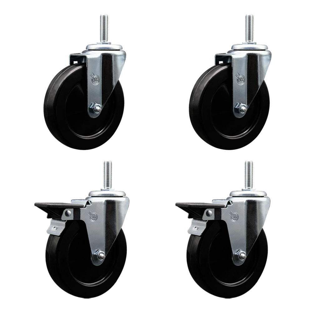 SCC-TS20S514-HRS-34212-2-PLB-2 Hard Rubber Swivel Threaded Stem Caster with 5 x 1.25 in. Black Wheels & 0.75 in. Stems - Set of 4