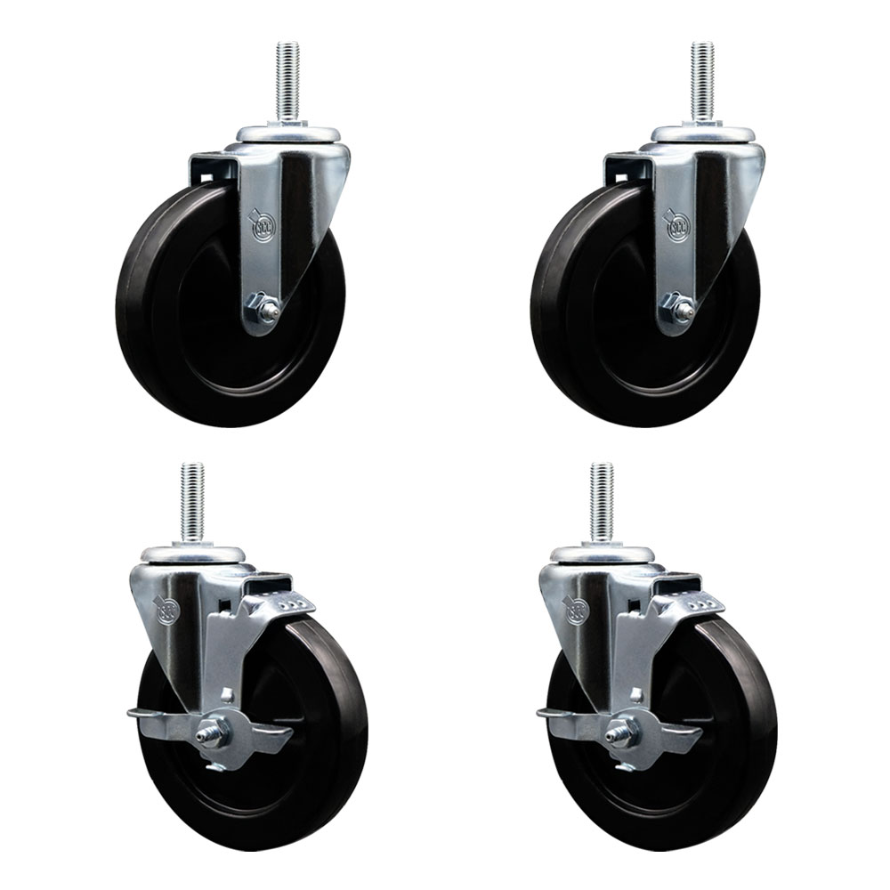 SCC-TS20S514-HRS-58212-2-TLB-2 Hard Rubber Swivel Threaded Stem Caster with 5 x 1.25 in. Black Wheels & 0.63 in. Stems - Set of 4