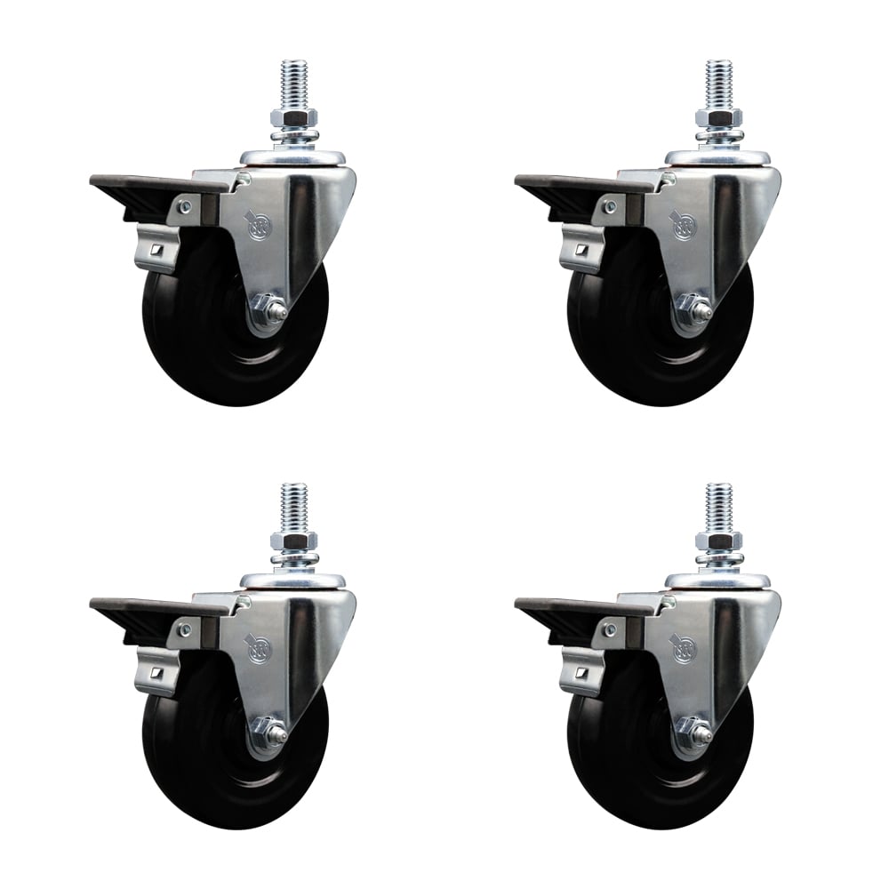 SCC-TS20S414-HRS-PLB-M1015-4 Hard Rubber Swivel Threaded Stem Caster with 4 x 1.25 in. Black Wheels & 10 mm Stems - Set of 4