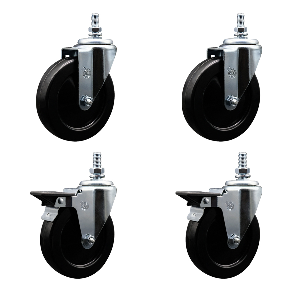 SCC-TS20S514-HRS-M1015-2-PLB-2 Hard Rubber Swivel Threaded Stem Caster with 5 x 1.25 in. Black Wheels & 10 mm Stems - Set of 4