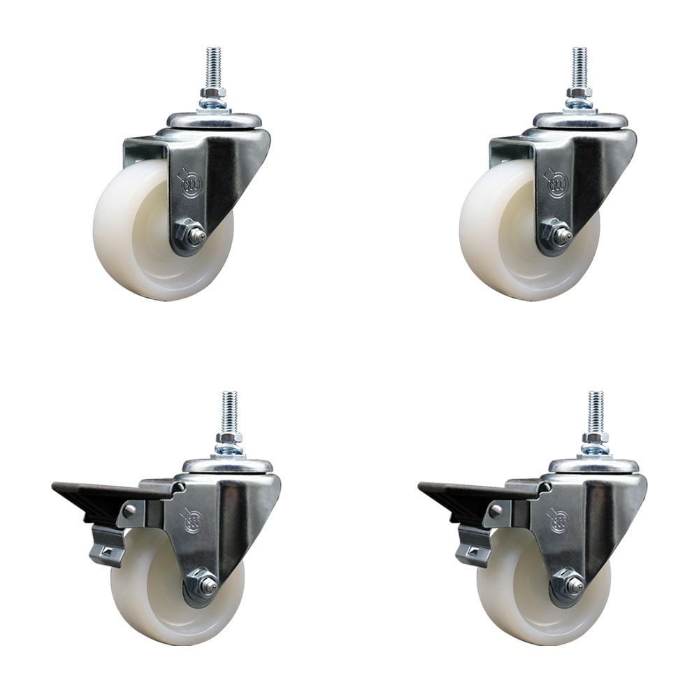 SCC-TS20S314-NYS-381615-2-PLB-2 Nylon Swivel Threaded Stem Caster with 3 x 1.25 in. White Wheels & 0.38 in. Stems - Set of 4