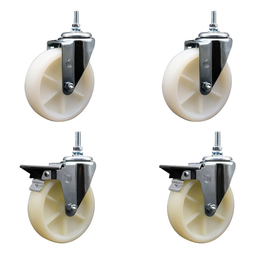 SCC-TS20S514-NYS-381615-2-PLB-2 Nylon Swivel Threaded Stem Caster with 5 x 1.25 in. White Wheels & 0.38 in. Stems - Set of 4