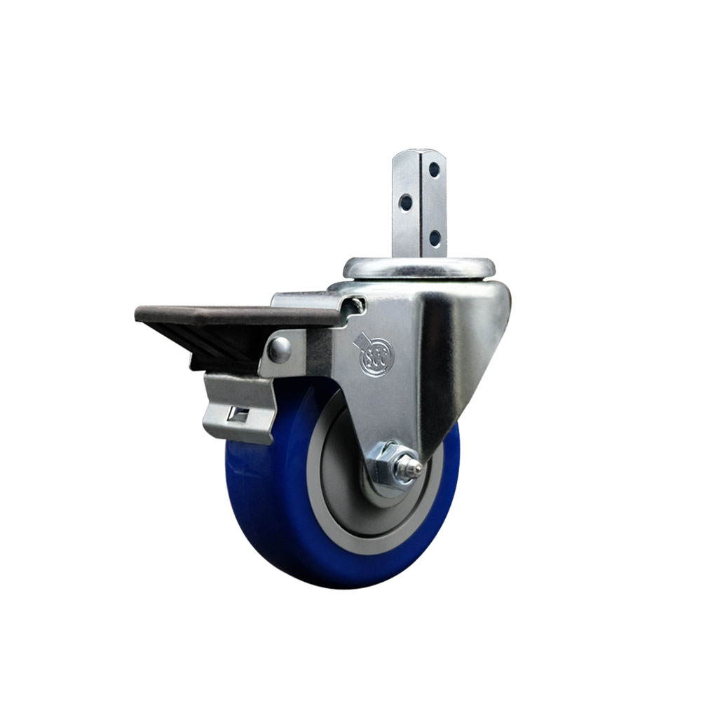 Swivel Square Stem Caster with 3.5 x 1.25 in. Blue Polyurethane Wheel, 0.75 x 2 in. Square Stem & 3 0.26 in. Diameter Mounting Holes