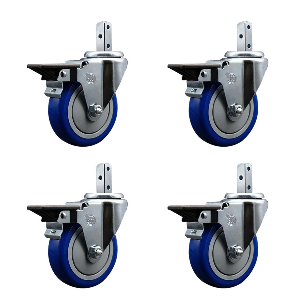 Swivel Square Stem Caster with 4 x 1.25 in. Blue Poly Wheel, 0.75 x 2 in. Square Stem with 3 0.26 in. Diameter Mounting Holes - Set of 4