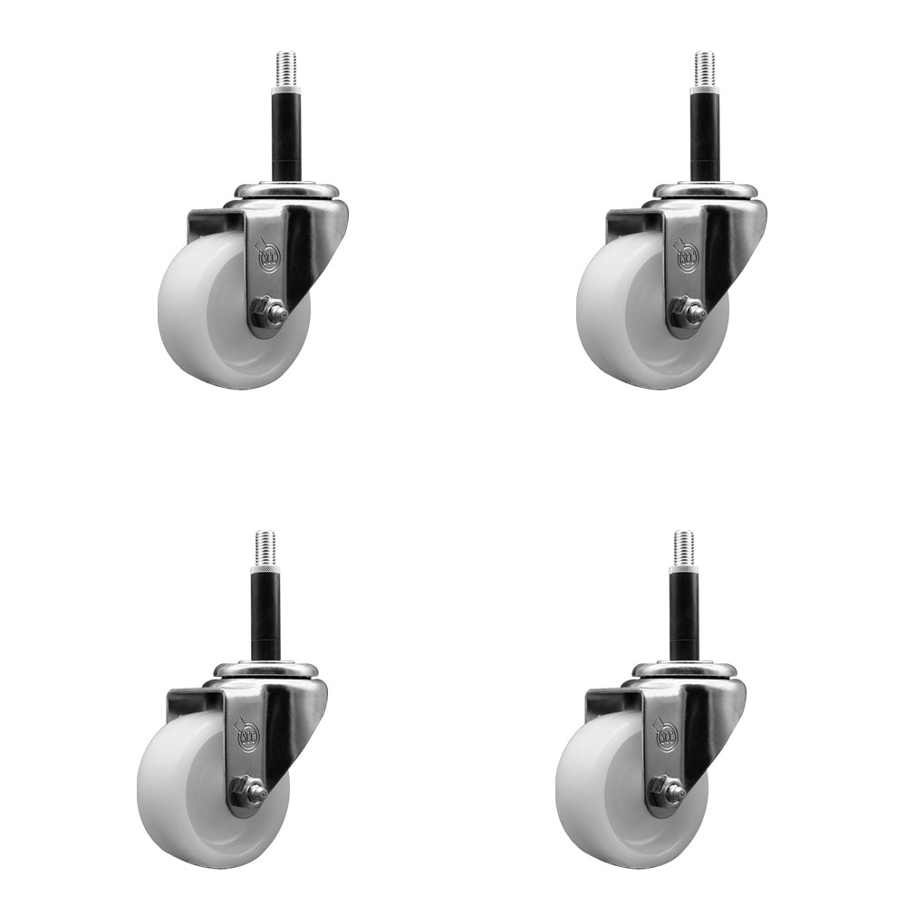 SCC-SSEX20S314-NYS-34-4 Stainless Steel Nylon Swivel Expanding Stem Caster with 3 in. White Wheels & 0.75 in. Stems - Set of 4