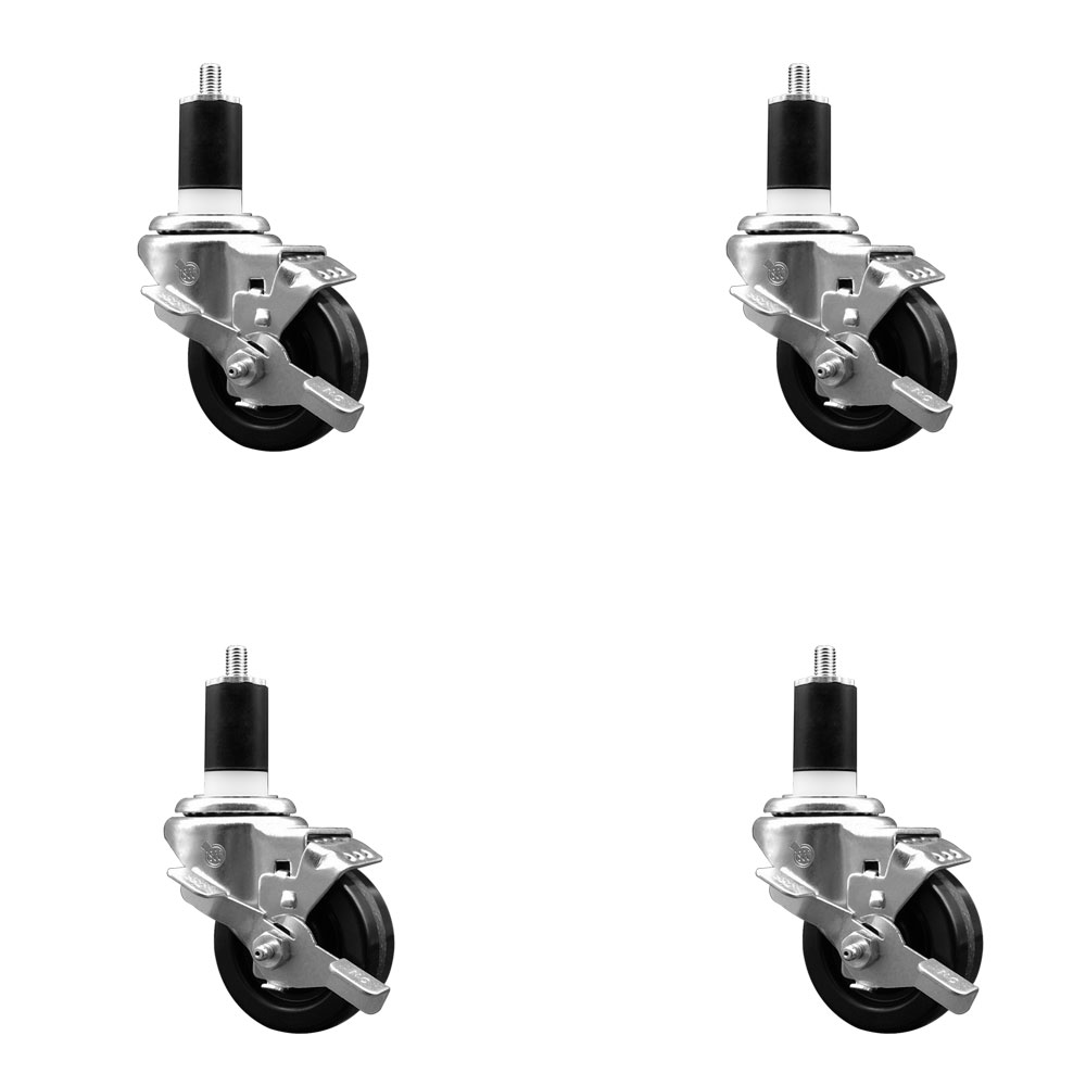 Stainless Steel Phenolic Swivel Expanding Stem Caster with 3 in. Black Wheels & 1.5 in. Stems 4 Swivel with Top Locking Brakes - Set of 4