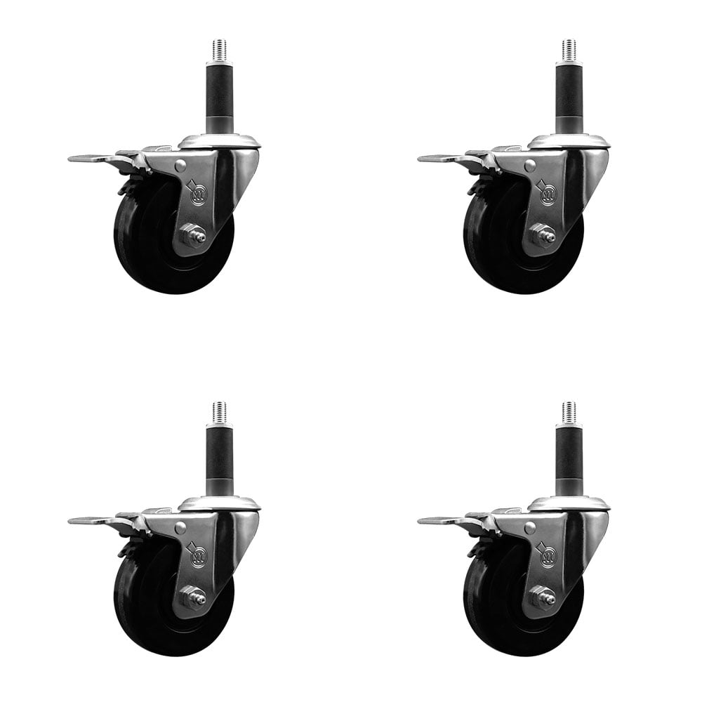 Stainless Steel Phenolic Swivel Expanding Stem Caster with 3.5 in. Black Wheels & 1 in. Stems 4 Swivel with Total Locking Brakes - Set of 4