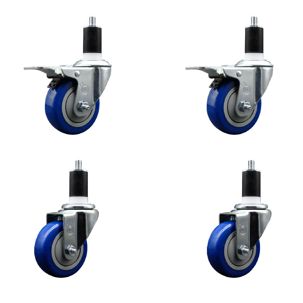 SCC-SSEXTTL20S3514-PPUB-BLU-2-S2-112 Stainless Steel Polyurethane Swivel Expanding Stem Caster with 3.5 in. Blue Wheels & 1.5 in. Stems - Set of 4