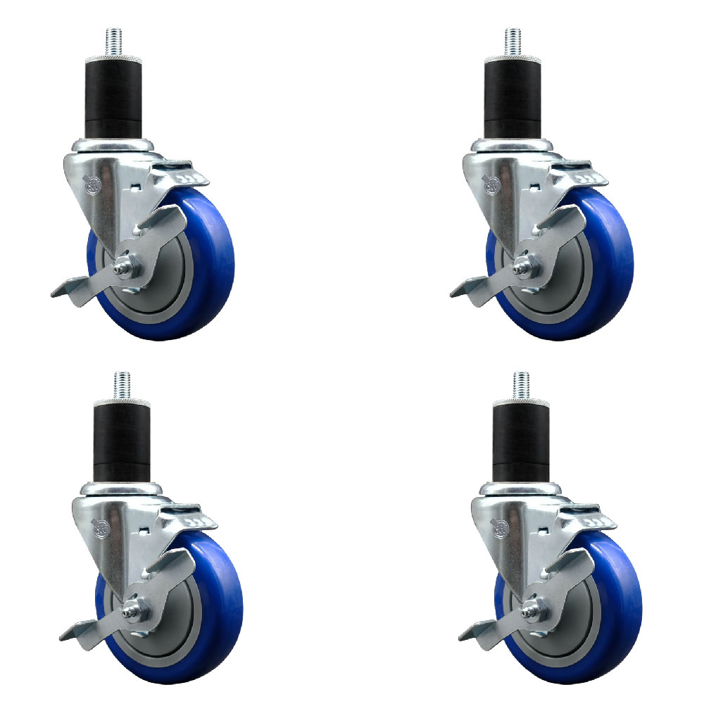 Stainless Steel Polyurethane Swivel Expanding Stem Caster with 4 in. Blue Wheels & 1.75 in. Stem 4 Swivel with Top Locking Brake - Set of 4