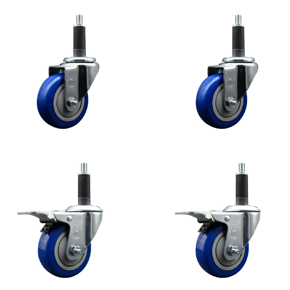 SCC-SSEXTTL20S3514-PPUB-BLUE-2-S-2-1 Stainless Steel Polyurethane Swivel Expanding Stem Caster with 3.5 in. Blue Wheels & 1 in. Stems - Set of 4