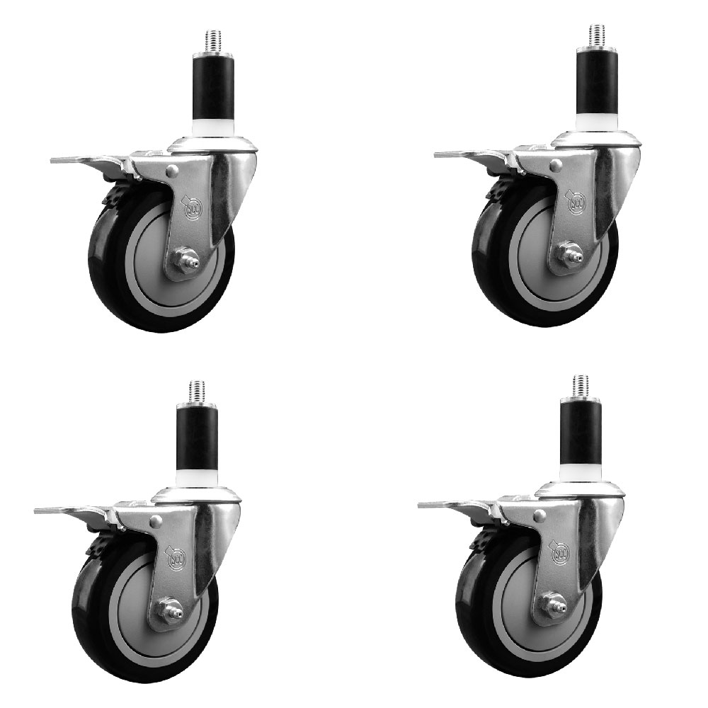 Stainless Steel Polyurethane Swivel Expanding Stem Caster with 4 in. Black Wheel & 1.38 in. Stems 4 Swivel with Total Locking Brake - Set of 4