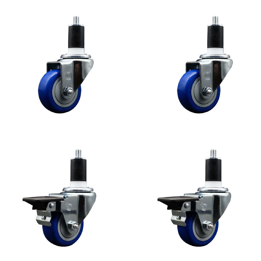SCC-EX20S314-PPUB-BLUE-2-PLB-2-112 Polyurethane Swivel Expanding Stem Caster with 3 in. Blue Wheels & 1.5 in. Stems - Set of 4