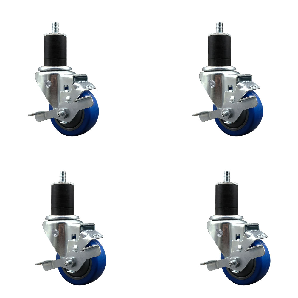 Stainless Steel Polyurethane Swivel Expanding Stem Caster with 3 in. Blue Wheels & 1.75 in. Stem 4 Swivel with Top Locking Brake - Set of 4