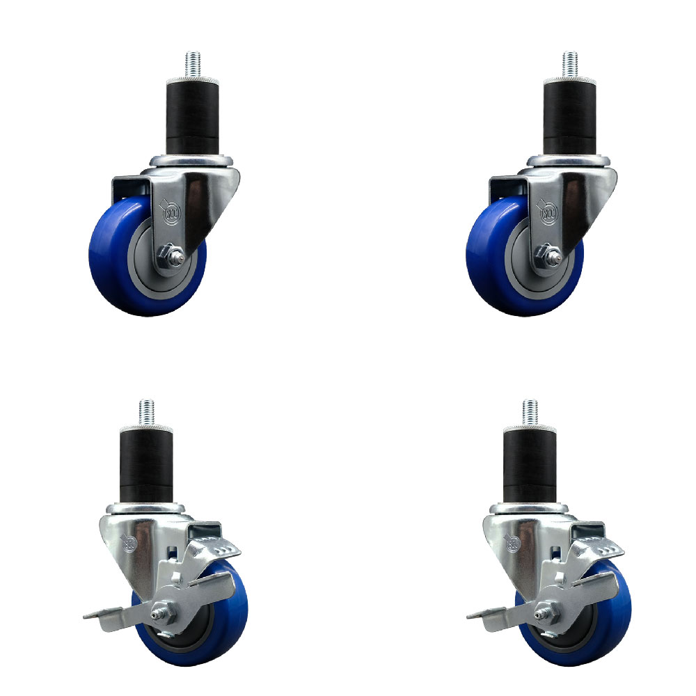 SCC-SSEX20S314-PPUB-BLUE-2-TLB-2-134 Stainless Steel Polyurethane Swivel Expanding Stem Caster with 3 in. Blue Wheels & 1.75 in. Stems - Set of 4