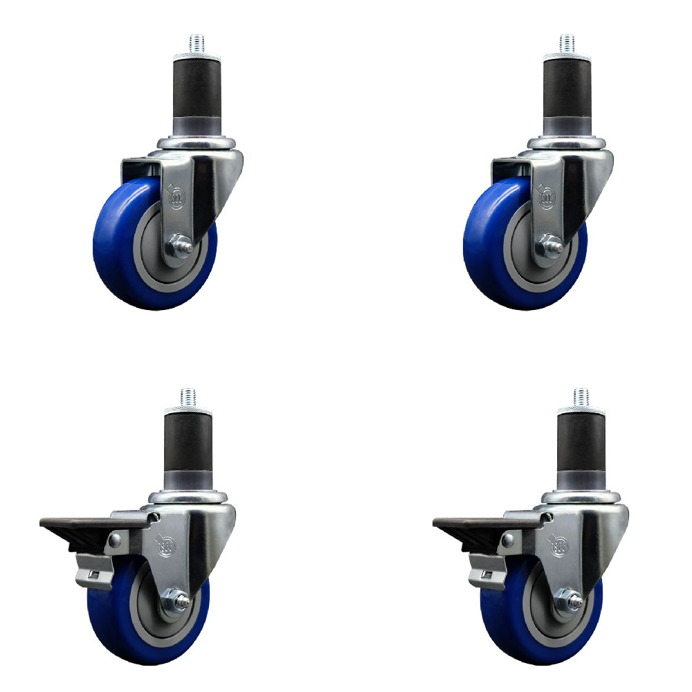 SCC-EX20S3514-PPUB-BLUE-2-PLB-2-158 Polyurethane Swivel Expanding Stem Caster with 3.5 in. Blue Wheels & 1.63 in. Stems - Set of 4