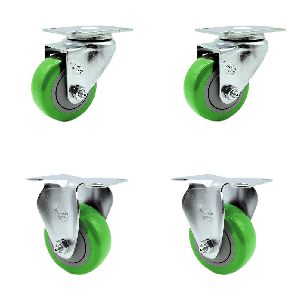 SCC-20S314-PPUB-GRN-TP3-2-R-2 Swivel Caster with 2 Rigid Casters 3 in. Green Polyurethane Wheel 4 x 4.5 in. Overall Top Plate - Set of 4