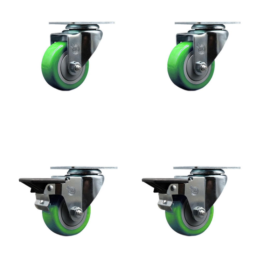 SCC-20S314-PPUB-GRN-2-PLB-2 Polyurethane Swivel Top Plate Caster with 3 in. Green Wheels - Set of 4