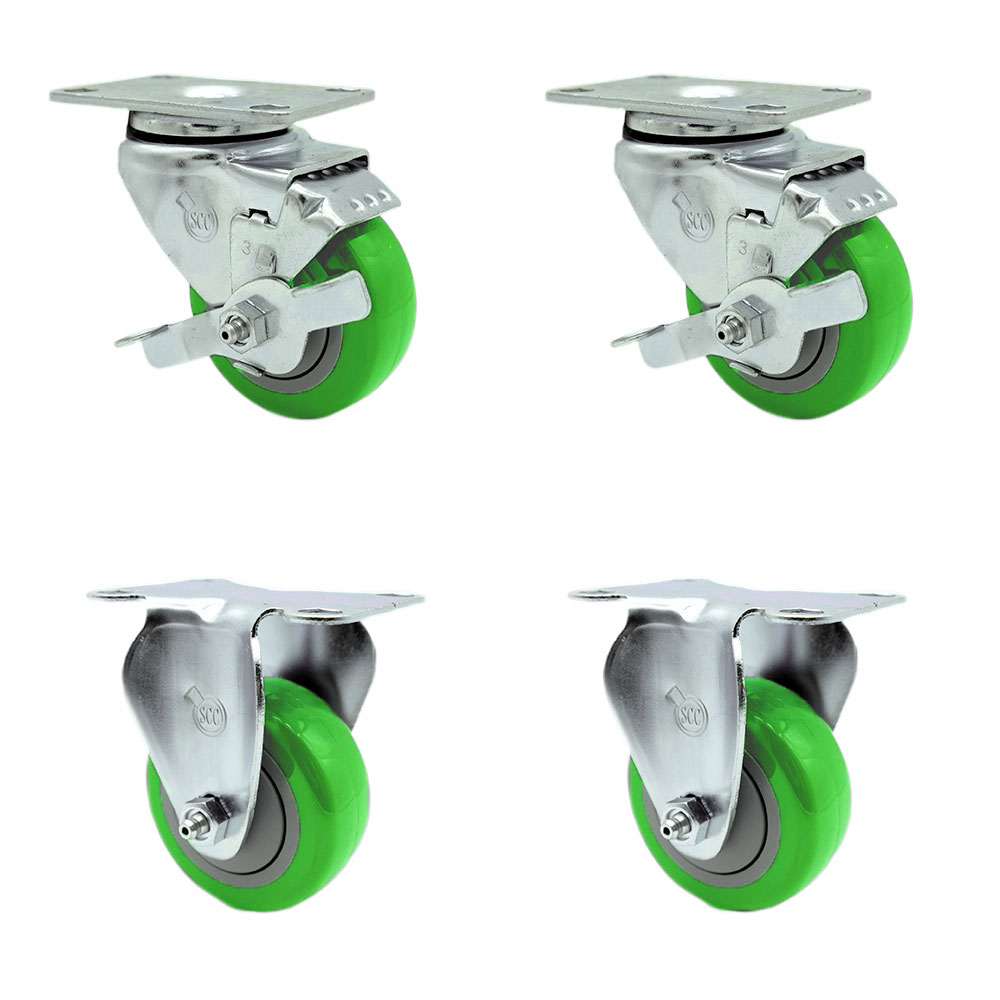 SCC-20S314-PPUB-GRN-TLB-2-R314-2 Polyurethane Swivel Top Plate Caster with 3 in. Green Wheels - Set of 4