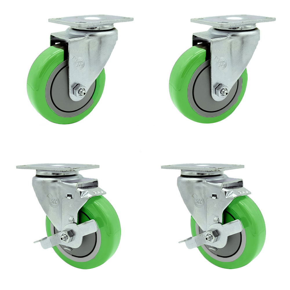 SCC-20S414-PPUB-GRN-TP2-2-TLB-2 Swivel Caster with 2 Brakes 4 in. Green Polyurethane Wheel 3.13 x 4.13 in. Overall Top Plate - Set of 4