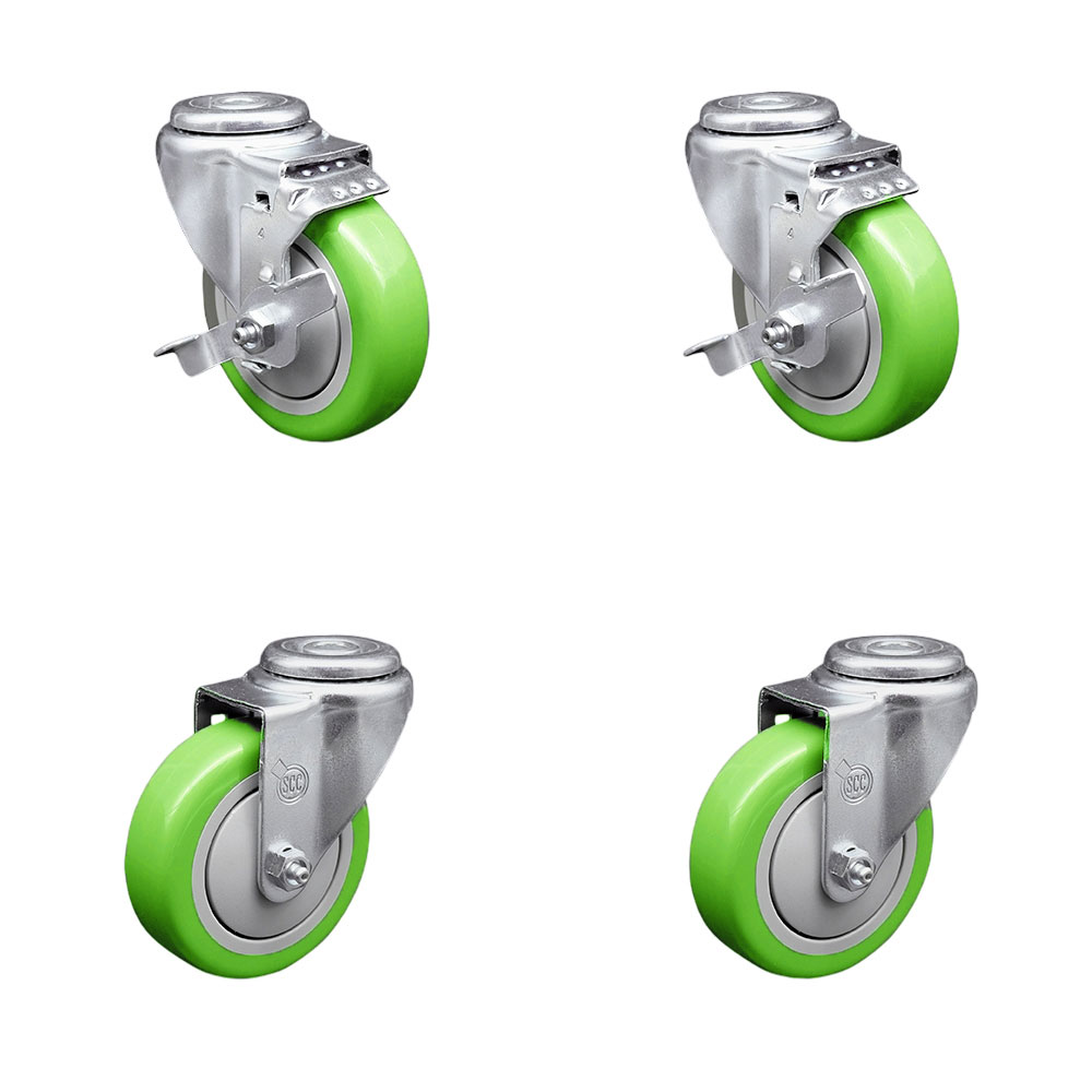 SCC-BH20S414-PPUB-GRN-TLB-2-S-2 Polyurethane Swivel Bolt Hole Caster with 4 x 1.25 in. Green Wheels - Set of 4
