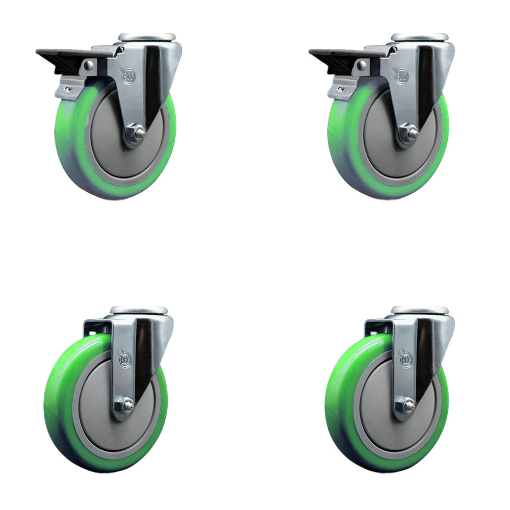 SCC-BH20S514-PPUB-GRN-PLB-2-S-2 Polyurethane Swivel Bolt Hole Caster with 5 x 1.25 in. Green Wheels - Set of 4