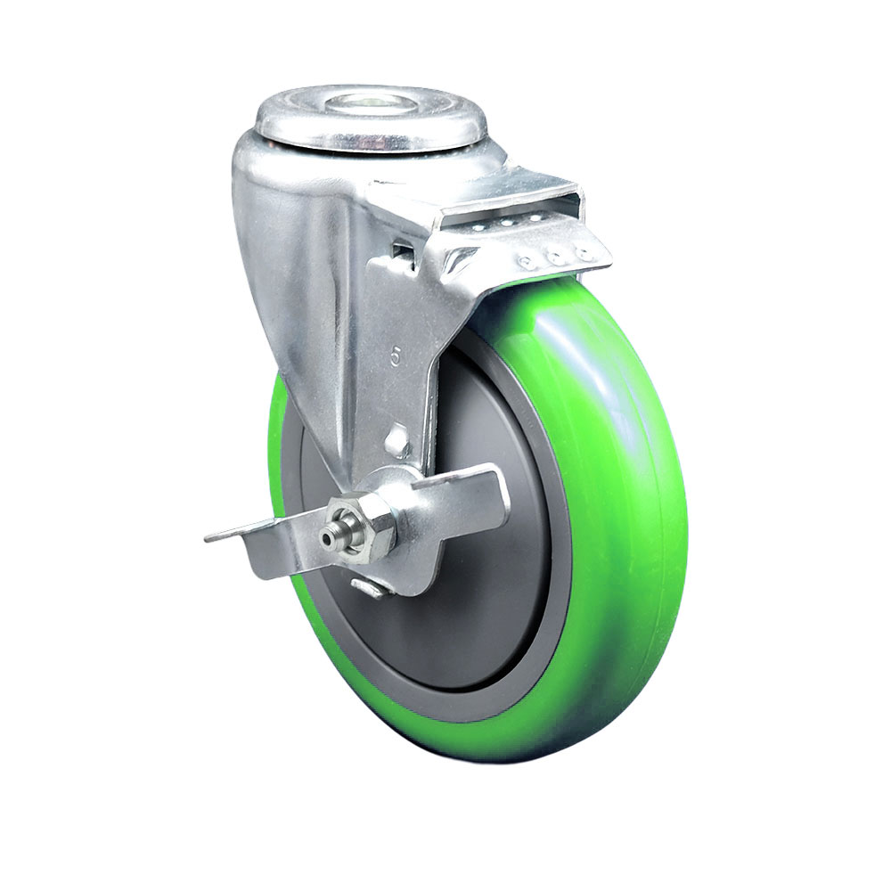 Polyurethane Swivel Bolt Hole Caster with 5 x 1.25 in. Green Wheel & Top Locking Brake