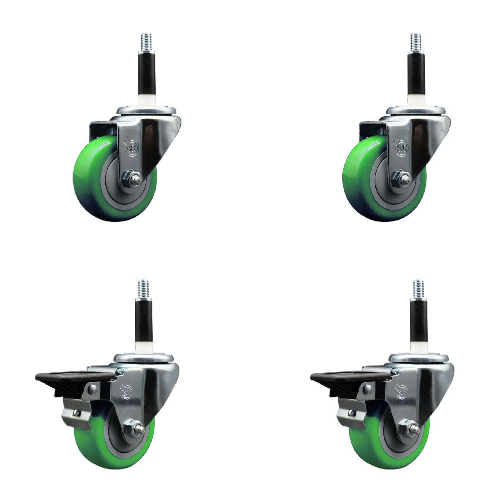 SCC-EX20S314-PPUB-GRN-2-PLB-2-78 Polyurethane Swivel Expanding Stem Caster with 3 in. Green Wheels & 0.87 in. Stems - Set of 4