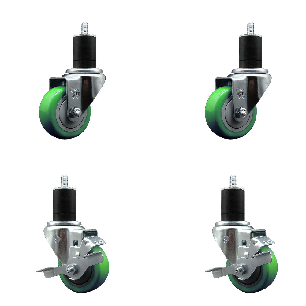 SCC-EX20S314-PPUB-GRN-2-TLB-2-134 Polyurethane Swivel Expanding Stem Caster with 3 in. Green Wheels & 1.75 in. Stems - Set of 4